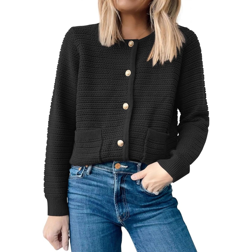 LILLUSORY‎ Black Chunky Knit Cardigan Gold Crest Buttons Old Money Gossip Girl S